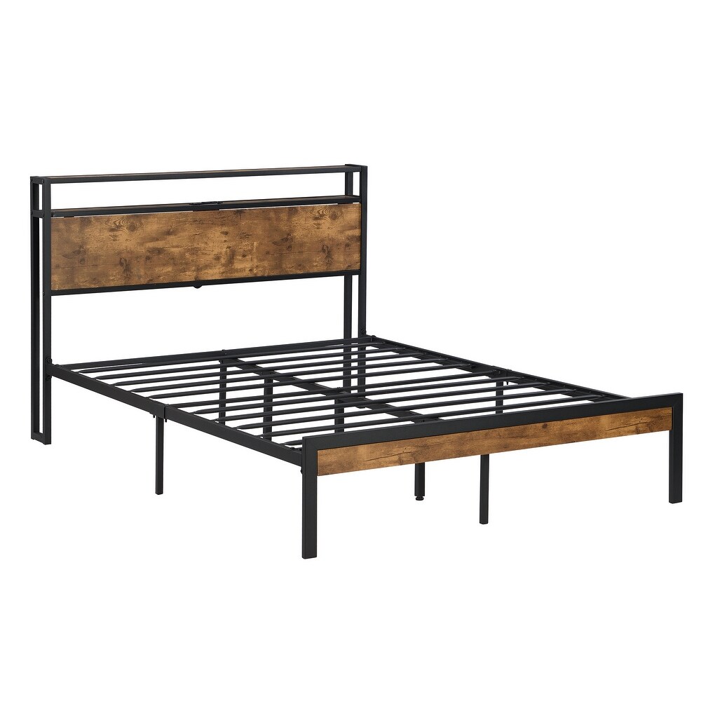 Queen Size Modern Style Metal Platform Bed Frame with Footboard and Wooden Headboard with USB LINER Large Under Bed Storage