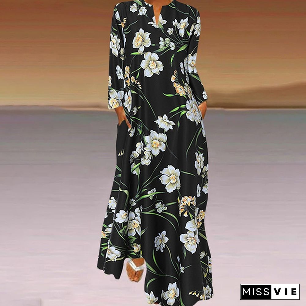 ZANZEA Women Spring Long Sleeved Floral Robes Vintage Long Dress Casual V-Neck Kaftan Dresses