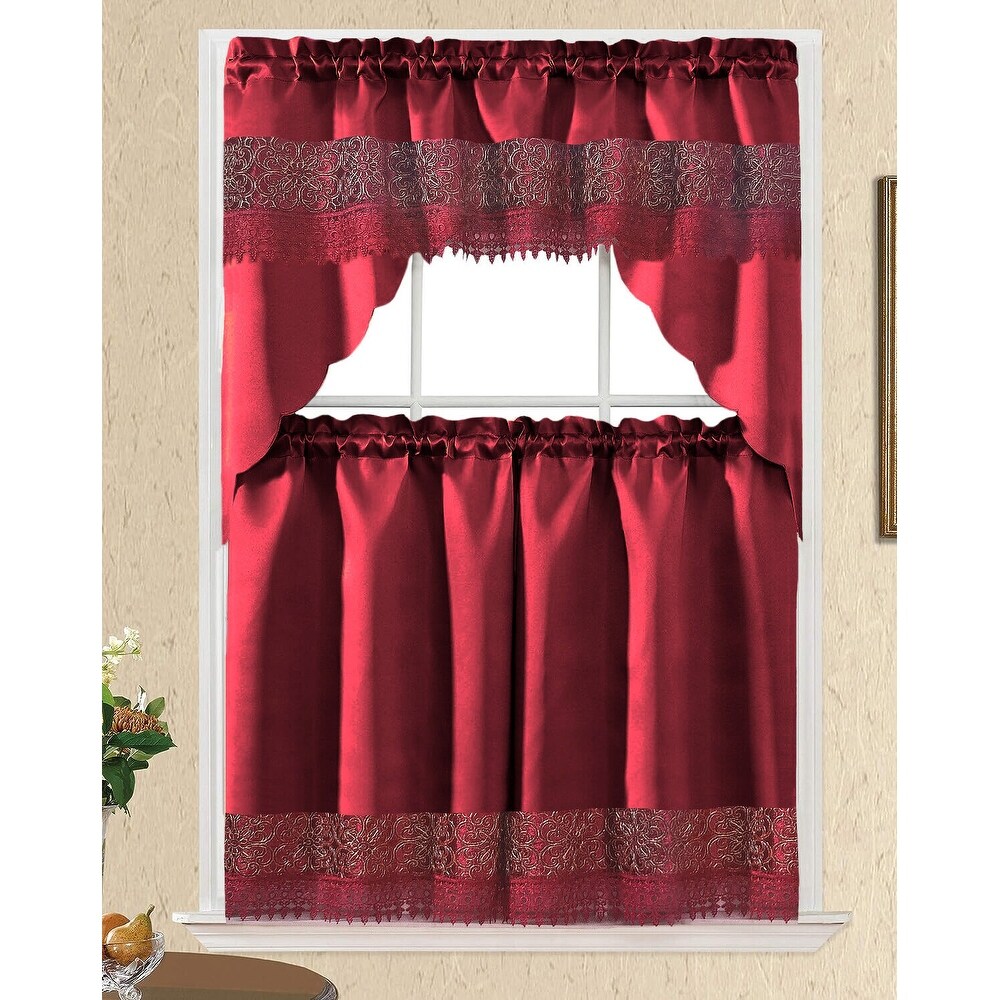 Burgundy Embroidery Kitchen Curtain 3PC Set Swag and 24 inches Tiers Set   55\