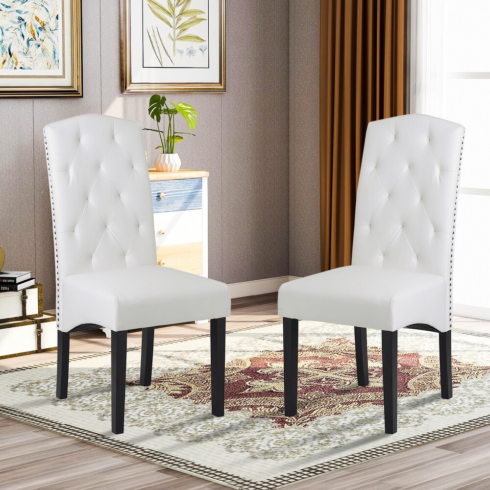 Modern   Antique Dining PU Script Accent Chair with Solid Wood Legs  Set of 2