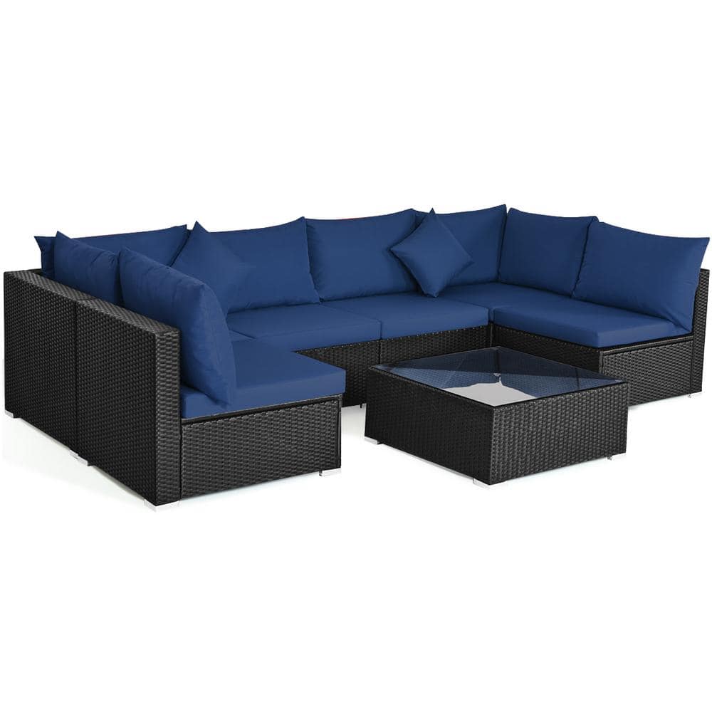 Costway 7-Piece Wicker Outdoor Sectional Set with Cushion Navy HW64273NY+