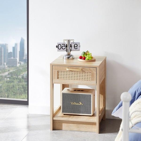 Rectangle MDF Rattan End Table with Drawer Modern Nightstand Side Table - 15.75*15.75