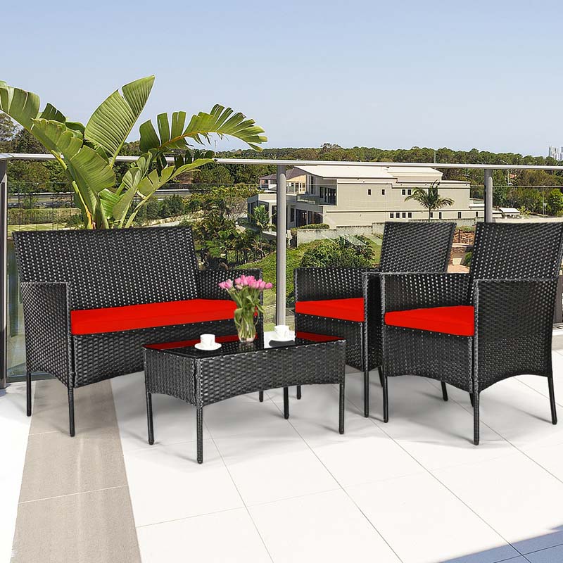 4 Pcs Rattan Patio Conversation Furniture Set Wicker Outdoor Sofa Set with Cushions & Coffee Table