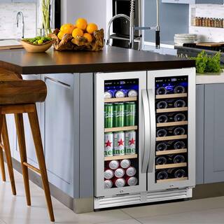 Nipus 24 in. Dual Zone 20-Wine Bottles and 60-Cans Beverage  Wine Cooler in Silver Two Shapes of Door Handle Blue LED Lights NPDUAL02