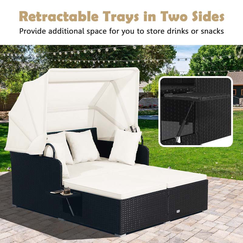 Hand-Woven Rattan Patio Daybed with Retractable Canopy & Side Tables, Outdoor Double Conversation Sunbed