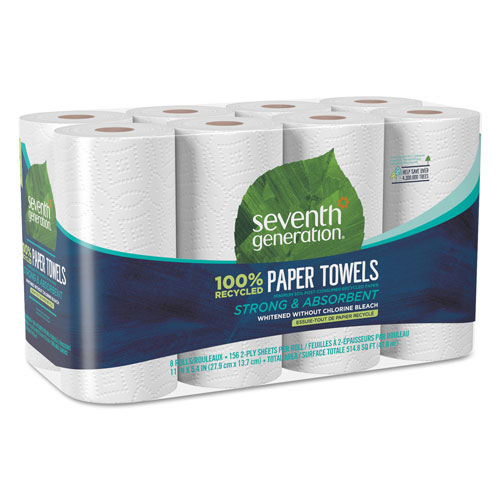 Unilever Seventh Generation 100% Recycled Paper Towel Rolls | 2-Ply， 11 x 5.4 Sheets， 156 Sheets per Roll， 8 Roll Pack， 1，248 Sheets Total | SEV13739PK