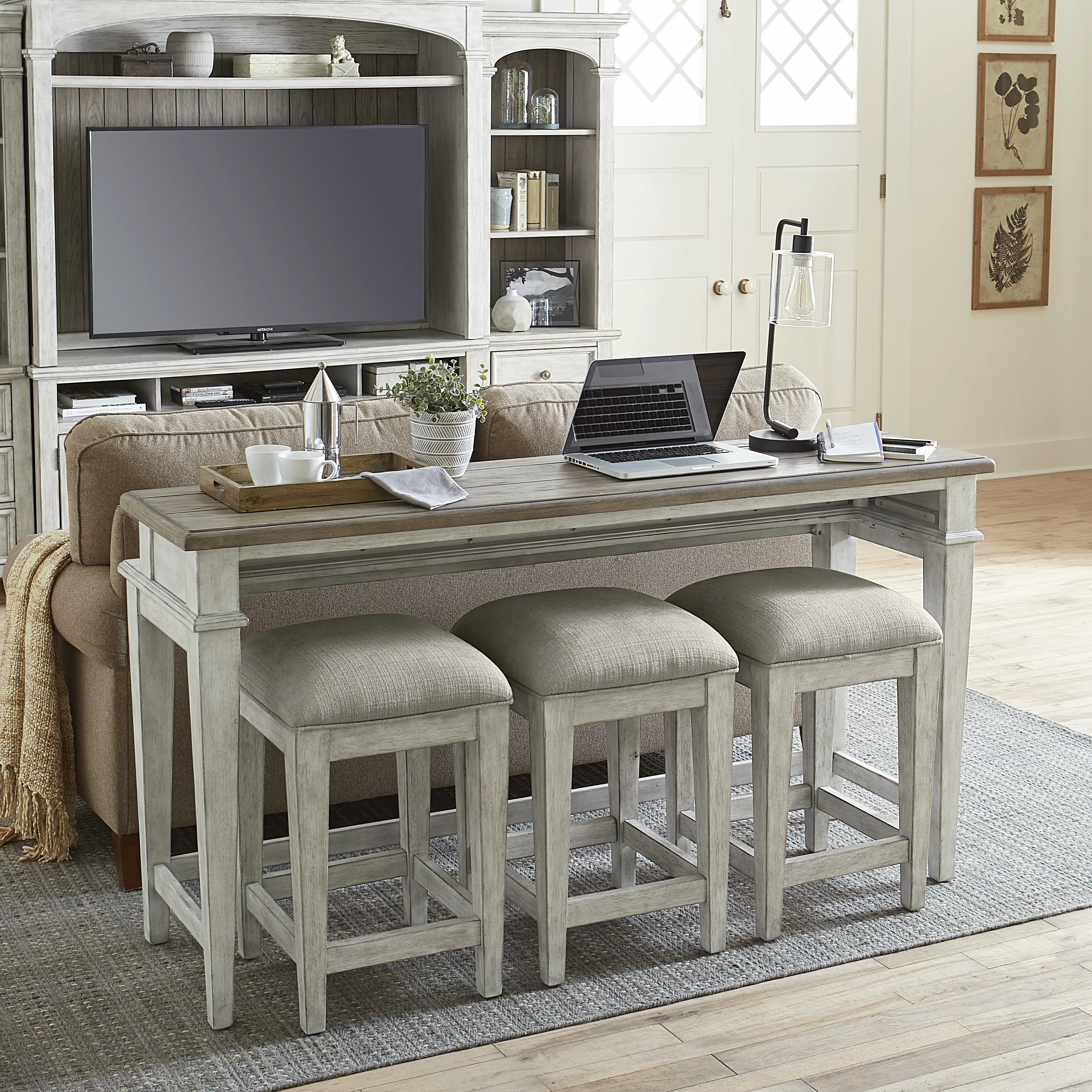 Heartland Weathered Oak Console Table with 3 Stools