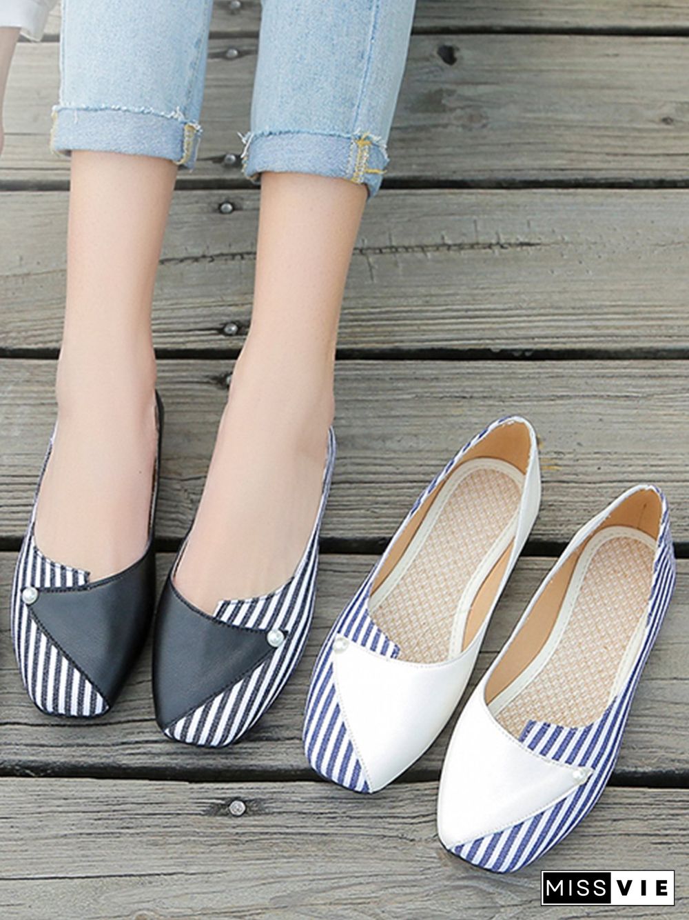 Women Striped All Season Urban Split Joint PU Pu Slip On Standard Shallow Shoes Flats