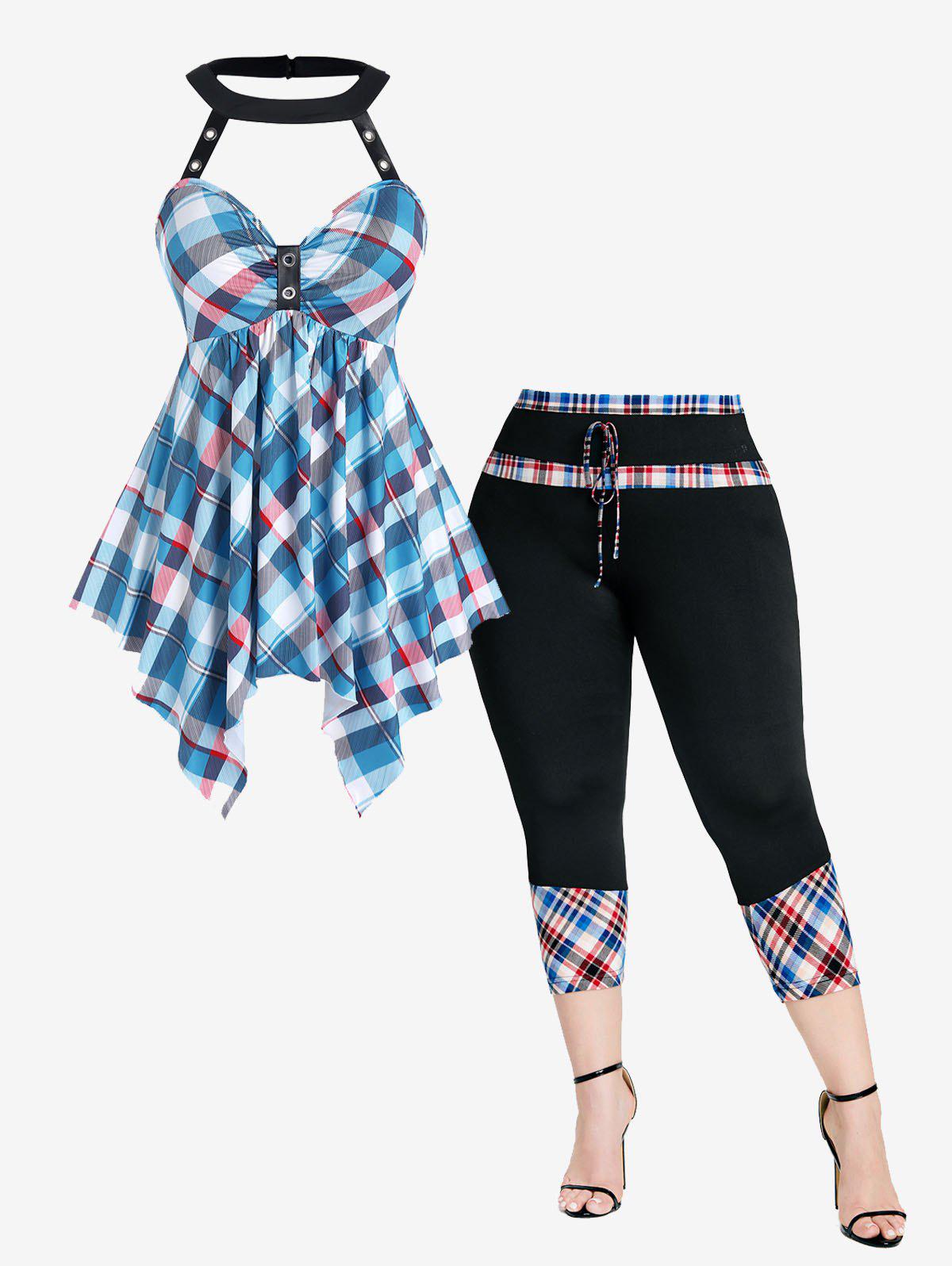 Plaid Harness Halter Handkerchief Tank Top and Plaid High Waisted Capri Leggings Plus Size Summer Outfit