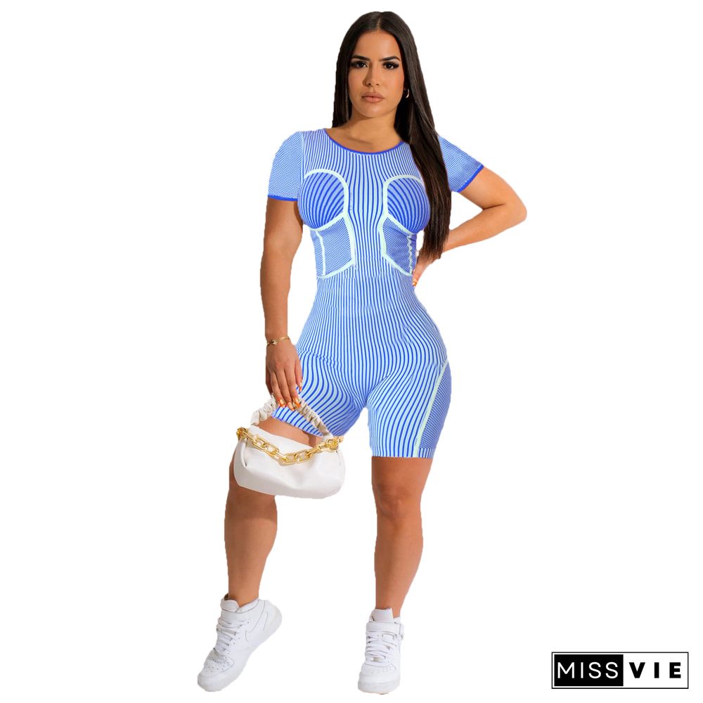 Striped Short Sleeve O Neck Skinny Fitness Rompers