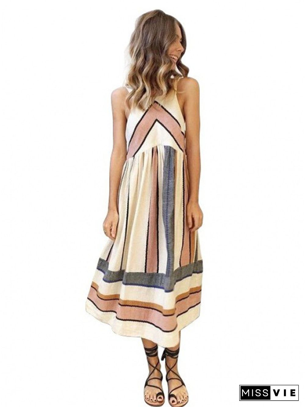 Summer Printed Sleeveless Art Stripe Jumpsuit Long Skirt