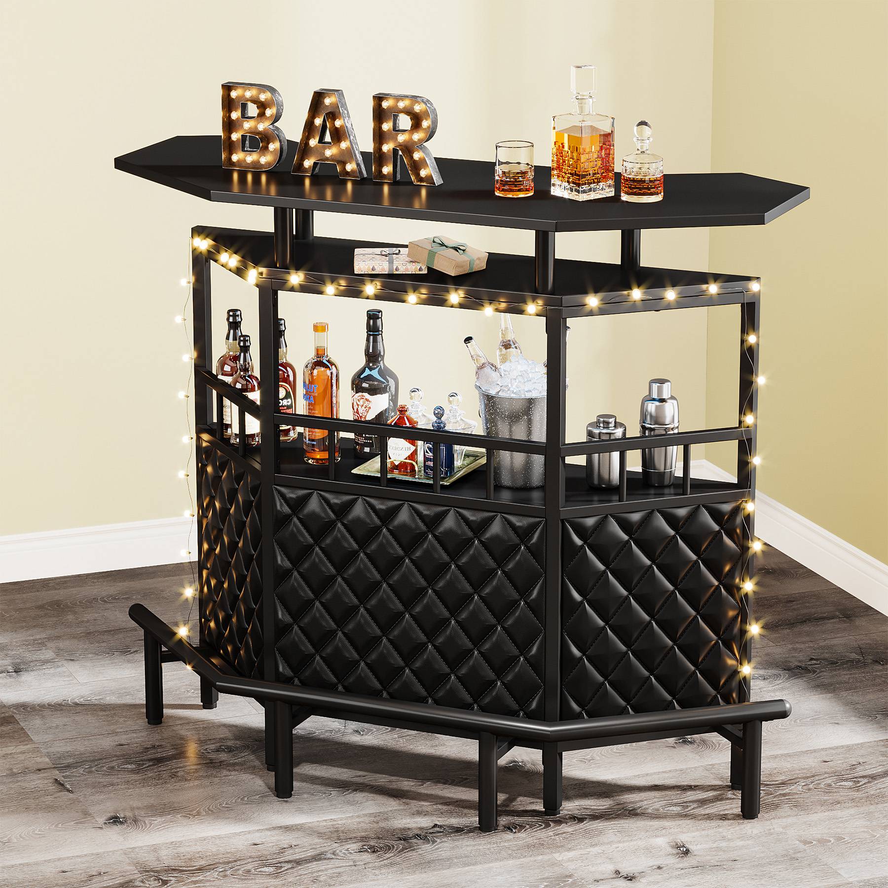 4-Tier Bar Unit, Home Bar Cabinet with Storage Shelves and Footrest