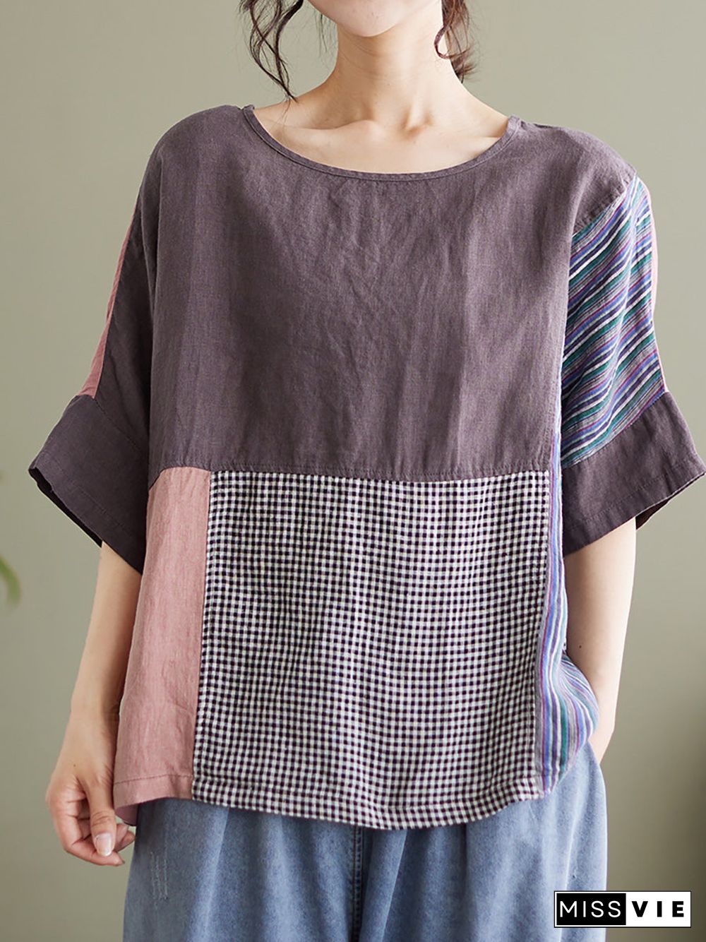 Plus Size Vintage Short Sleeve Women Linen Patchwork Loose T Shirt