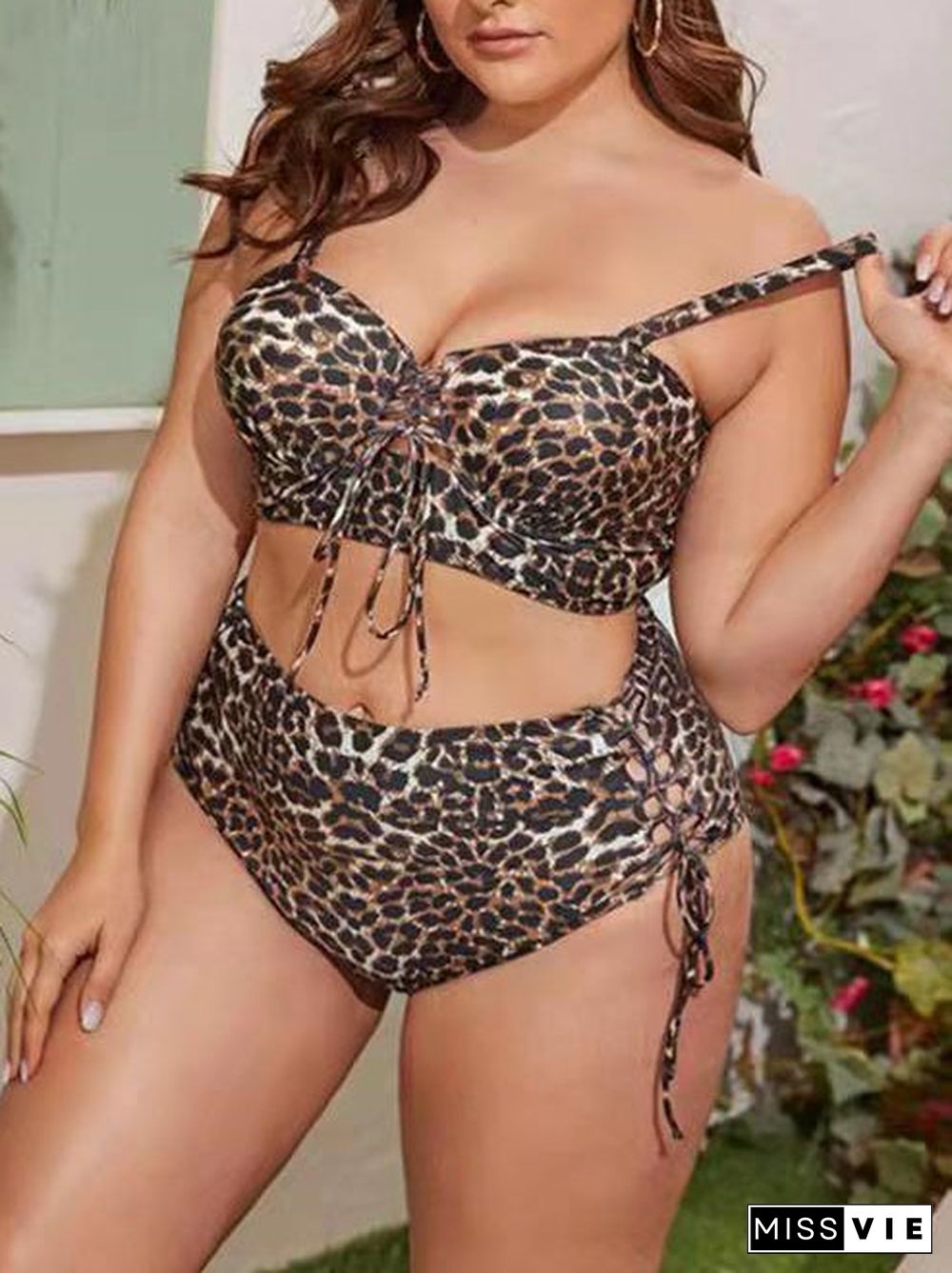 Plus Size Women's Push Up Leopard High Waist Bikini Set