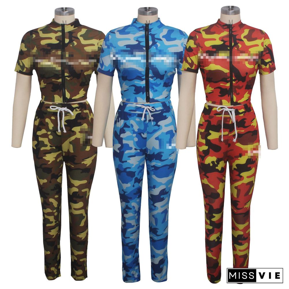 Hot Camouflage Print Short Sleeve Pants Two-piece Set