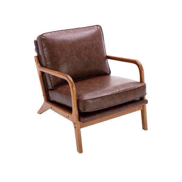 Wood Frame Accent Chair with Vintage Cushions， Brown PU Leather