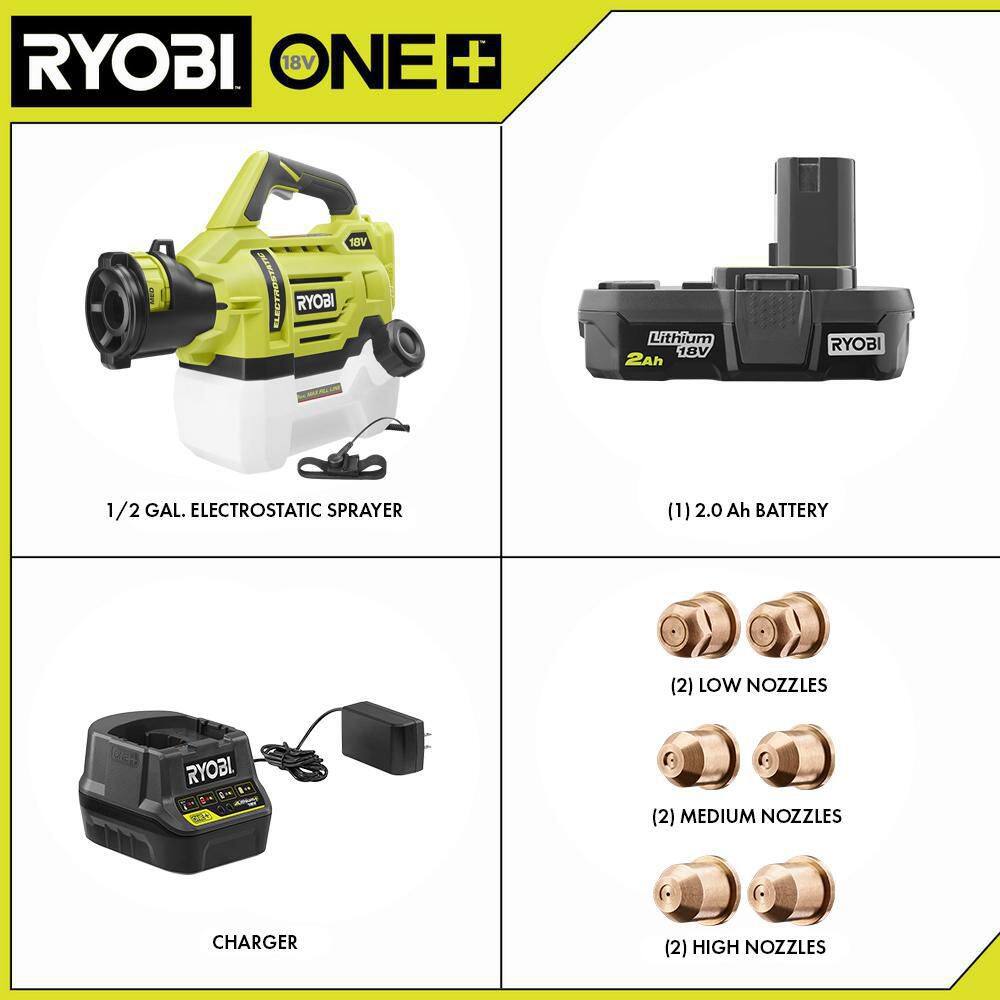 RYOBI ONE+ 18V Cordless Electrostatic 0.5 Gal. Sprayer with Extra LowMediumHigh Nozzles with 2.0 Ah Battery and Charger P2890-A12