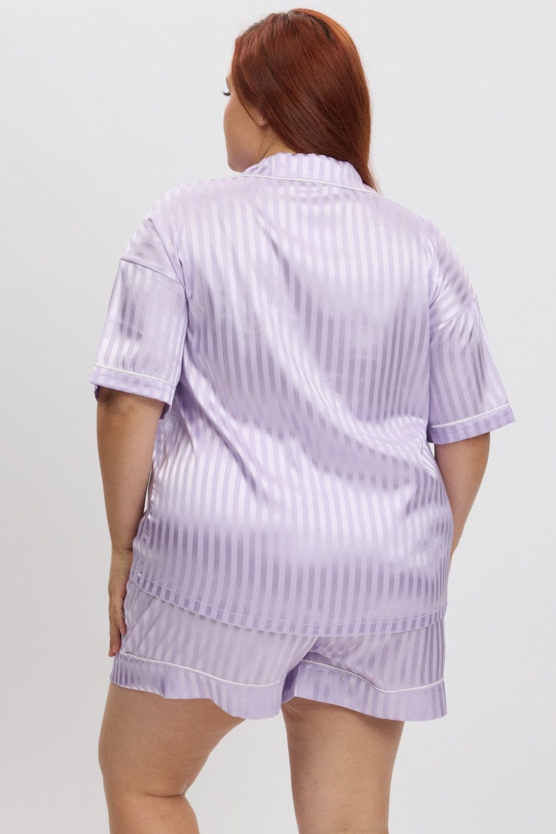 Purple Stripe Satin Pyjamas Set Short Sleeve