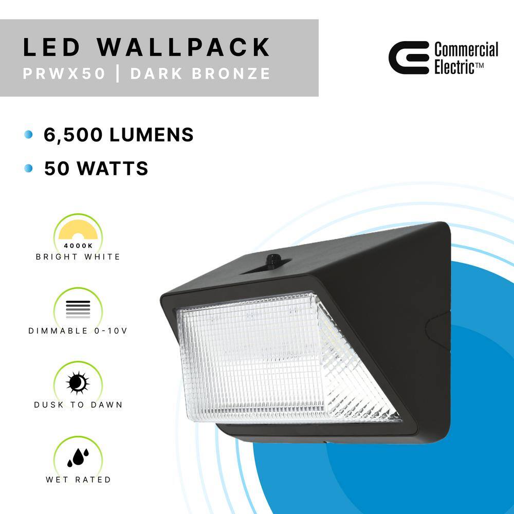 Commercial Electric 175W Equivalent Integrated LED Bronze Dusk to Dawn Commercial Refractor Wall Pack Light 6500 Lumens 4000K PRWX50-H-PC-4K-BZ