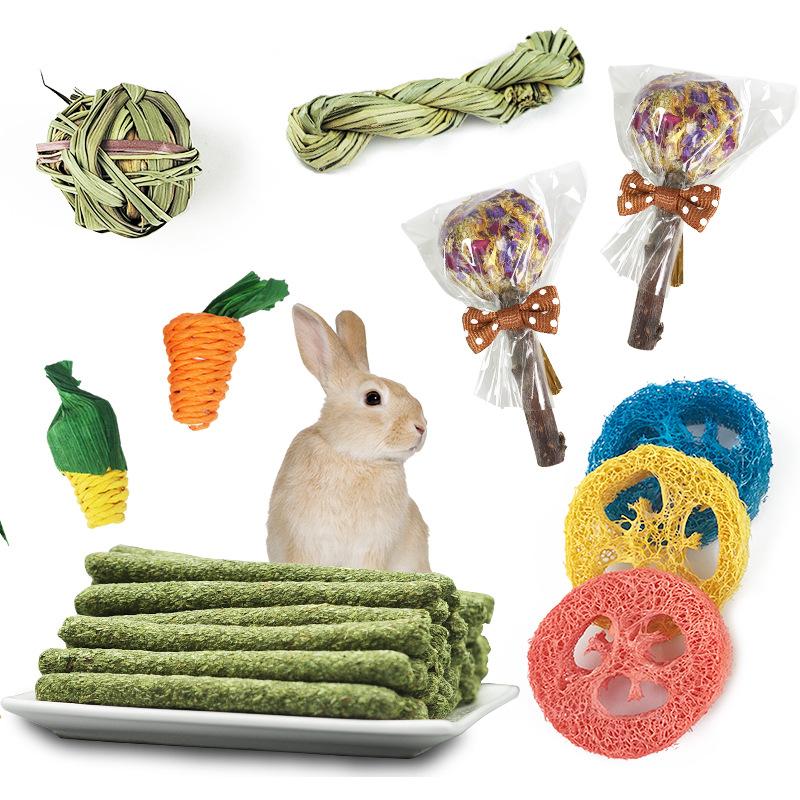 14pcs Rabbit Chew Toys Set Wooden Timothy Hay Sticks Flower Lollipops Guinea Pigs Chinchillas Hamster Molar Balls Entertainment Accessories