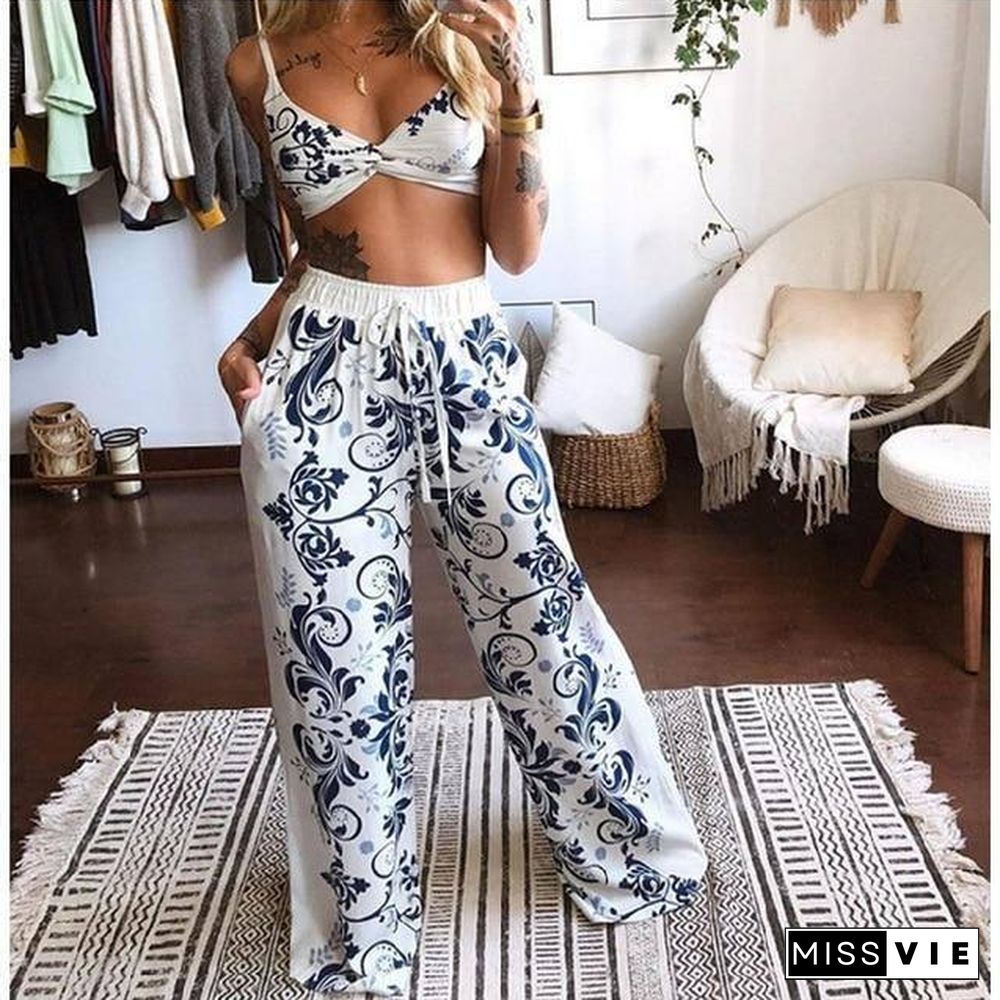 2 Pecs Suit Summer Tracksuit Sets Womens Outfits Boho Beach Style Print Underwear Loose Wide Leg Pants Ropa Mujer Подходить New