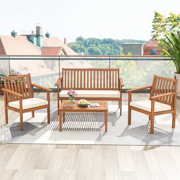 4 PCS Patio Wood Furniture Set Outdoor Wood Sofa Set w/Cushions