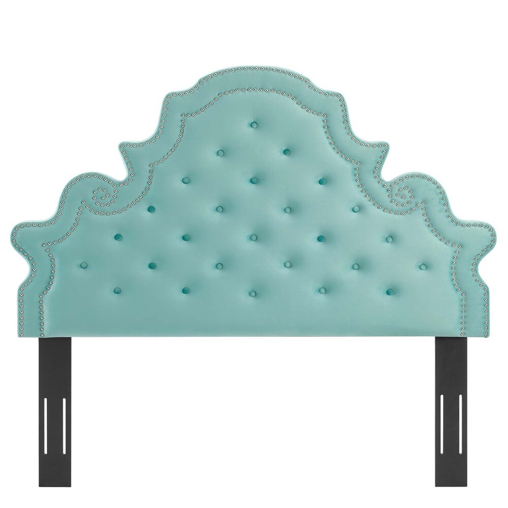 Ambridge Button Tufted Light Green Velvet Upholstered King/California King Size Headboard with Nailhead Trim