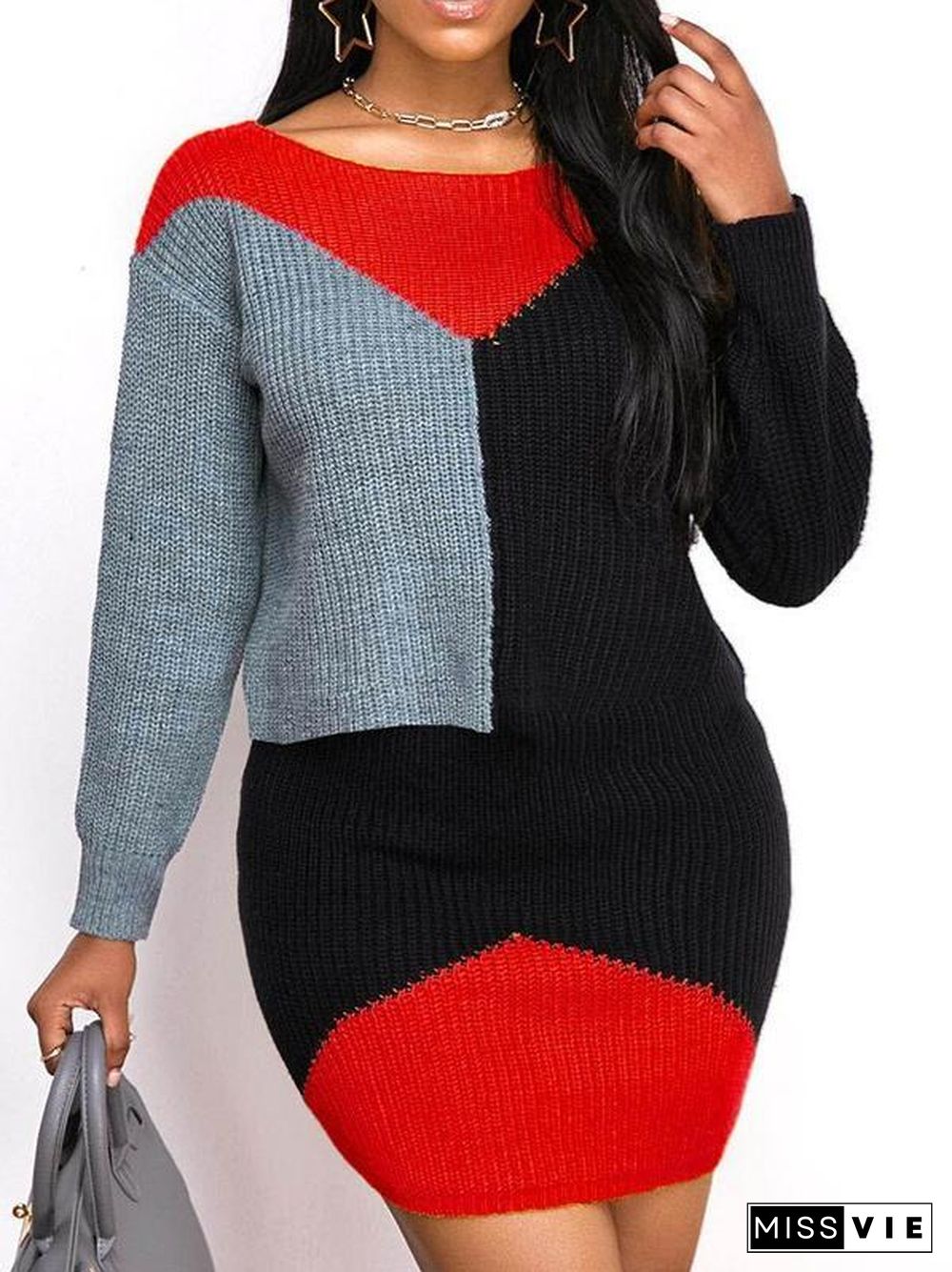 Women's Colorblock Stitching Casual Knit Round Collar  Long Sleeves Midi Dress