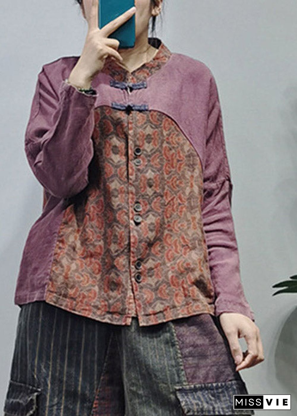 Retro Red Mandarin Collar Button Patchwork Linen Blouses Long Sleeve