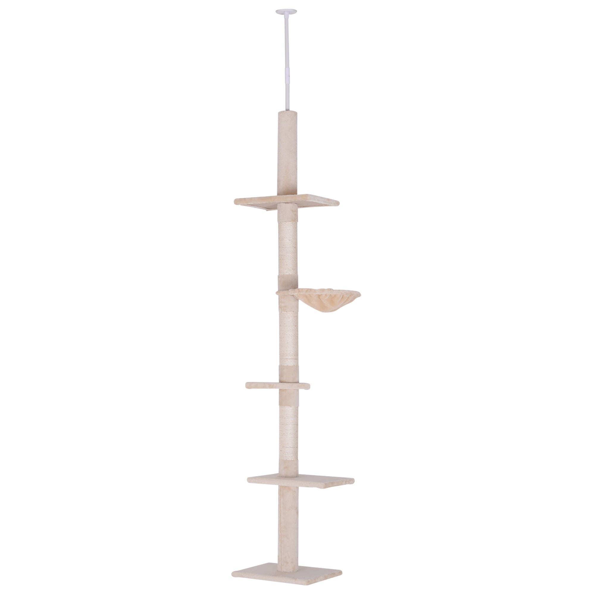 PawHut 8.5' Adjustable Floor-To-Ceiling Cat Tree w/ 5 Carpet Platforms, Beige