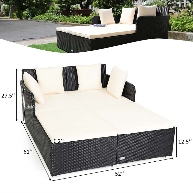 Rattan Wicker Outdoor Daybed Patio Furniture Cushioned Sofa Set with Thick Pillows