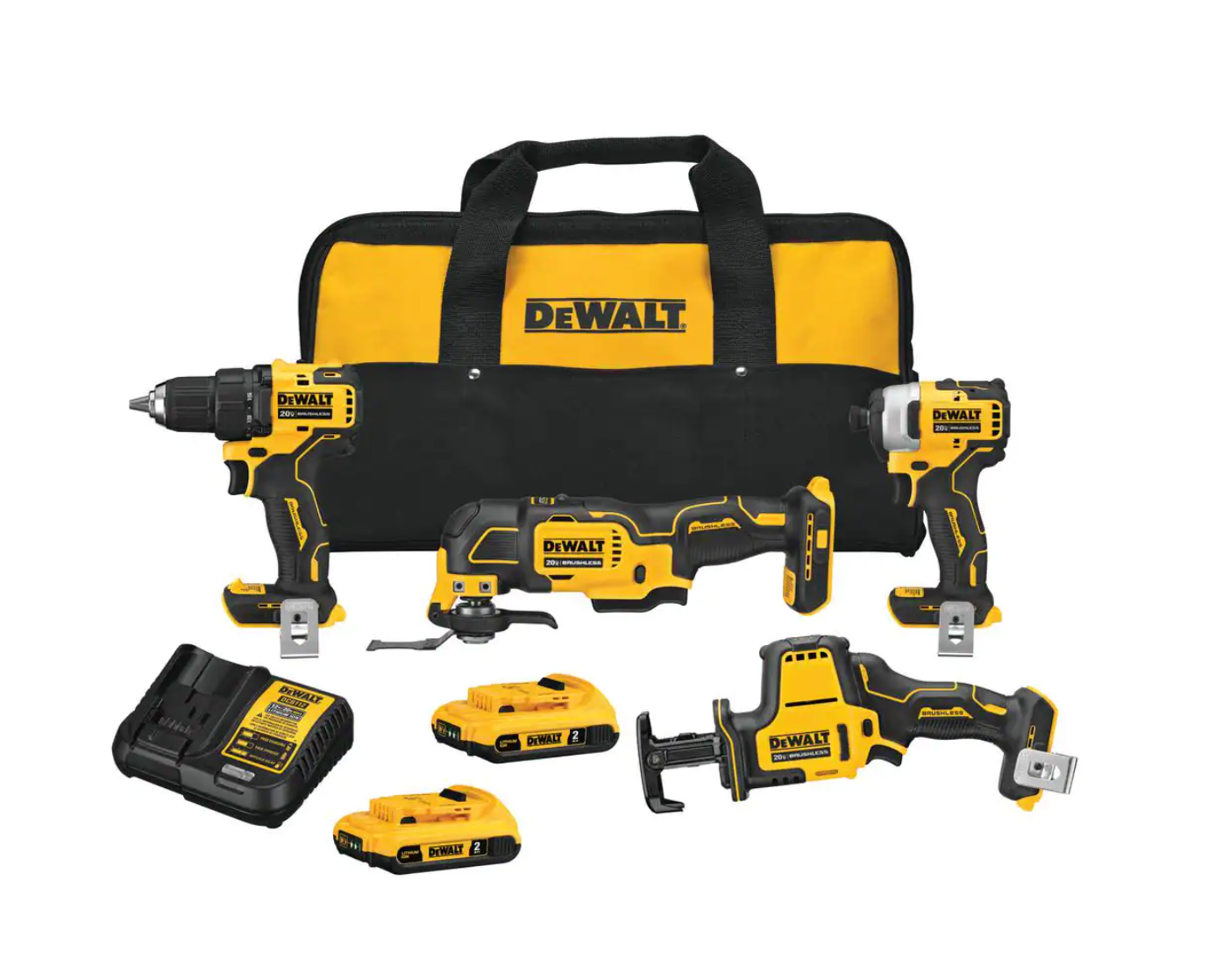 DEWALT DCK489D2 ATOMIC 20-Volt MAX Cordless Brushless Combo Kit (4-Tool)， (2) 2.0 Ah Batteries， Charger and Bag