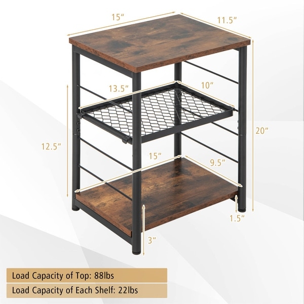 3-Tier Industrial Side Table with Adjustable Mesh Shelf-Rustic Brown - Rustic Brown - 15