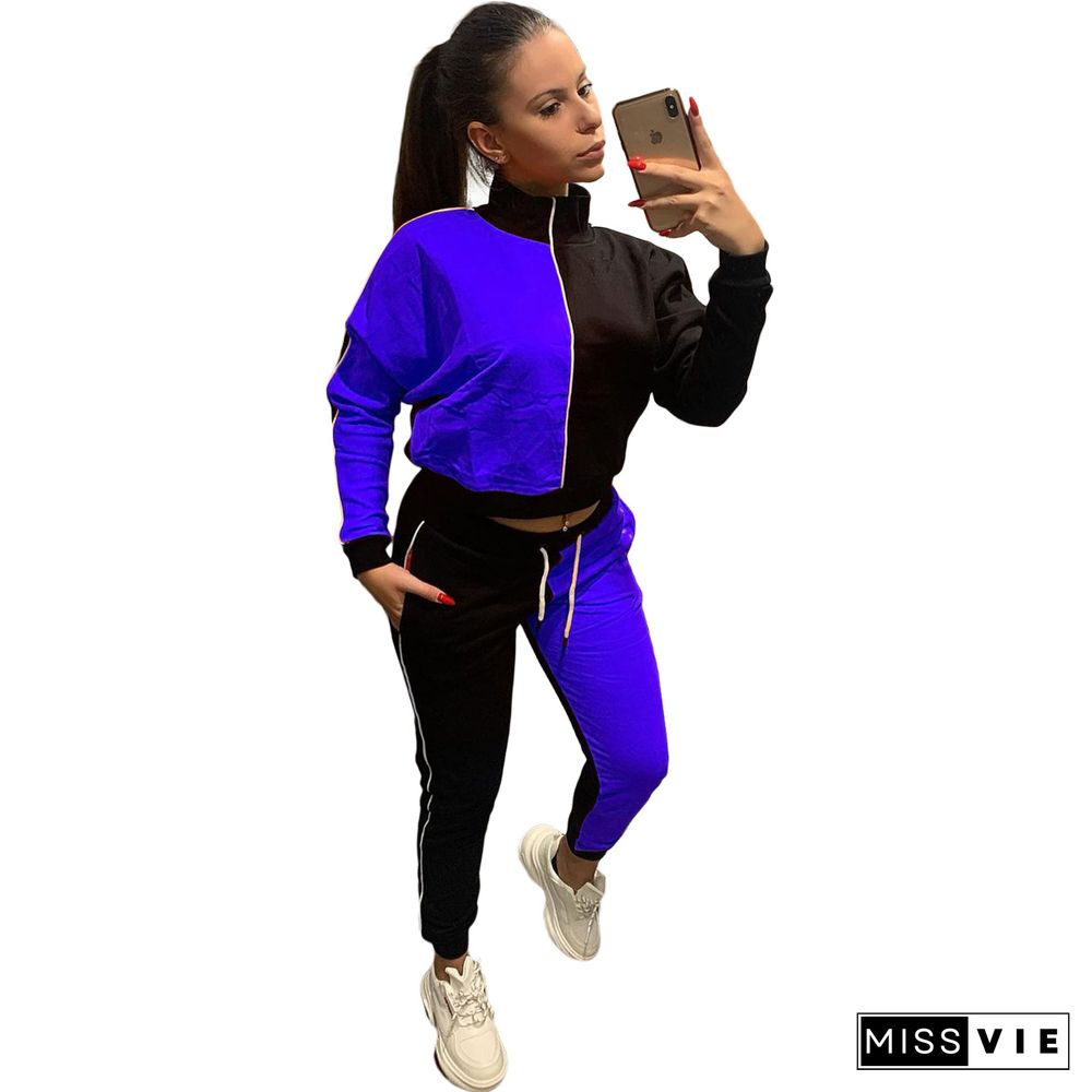 Color Contrast Zip Jacket Sporty Pants Two Piece Set