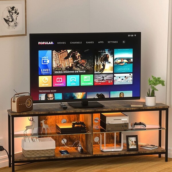 Corner TV Stand for 55 Inch TV， Corner TV Stand with LED Lights and Power Outlet， Corner Entertainment Center