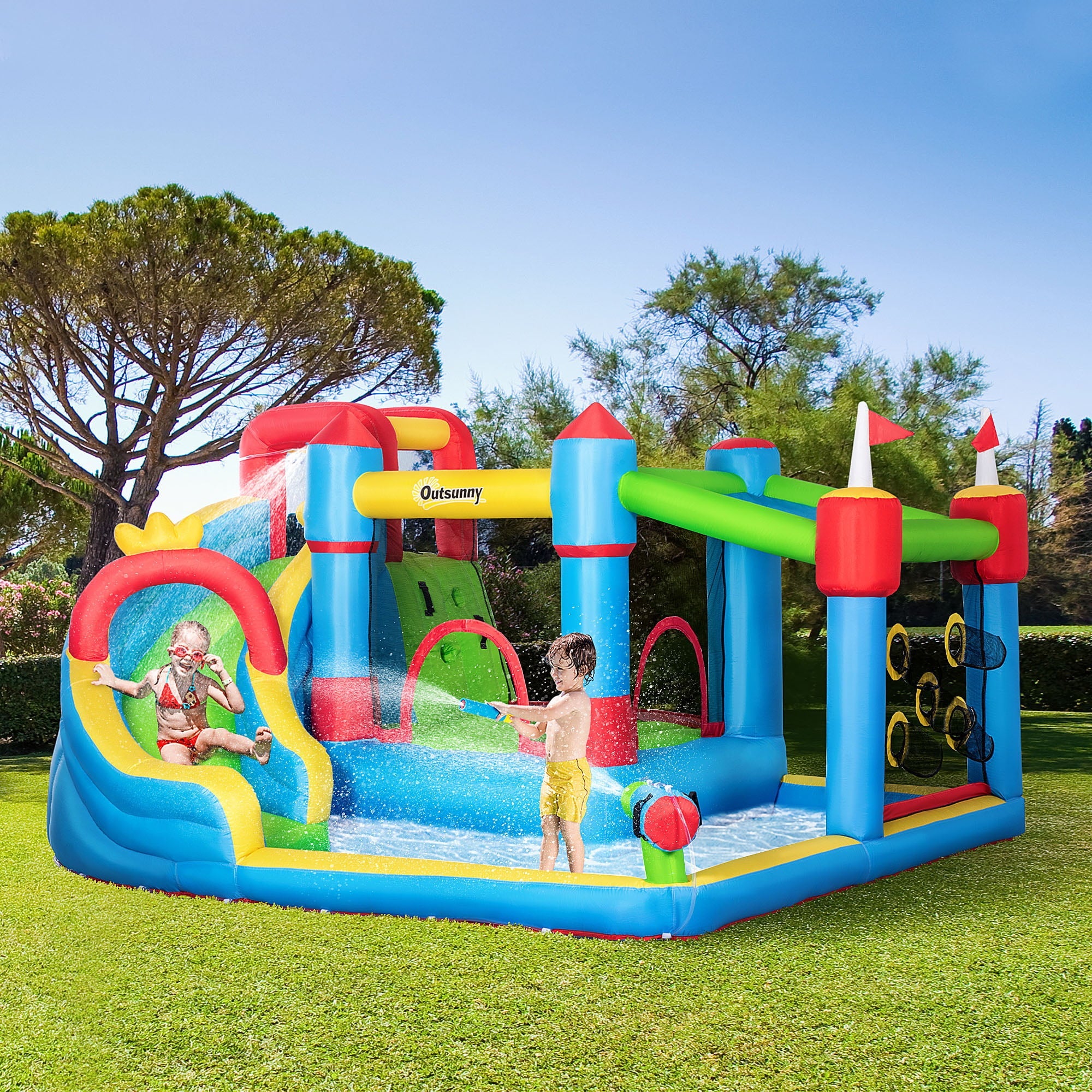 Outsunny 6-in-1 Inflatable Water Slide, Kids Water Park Castle Bounce House Includes Slide, Trampoline, Pool, Cannon, Climbing Wall, Throwing Wall with Carry Bag, Repair Patches, 450W Air Blower