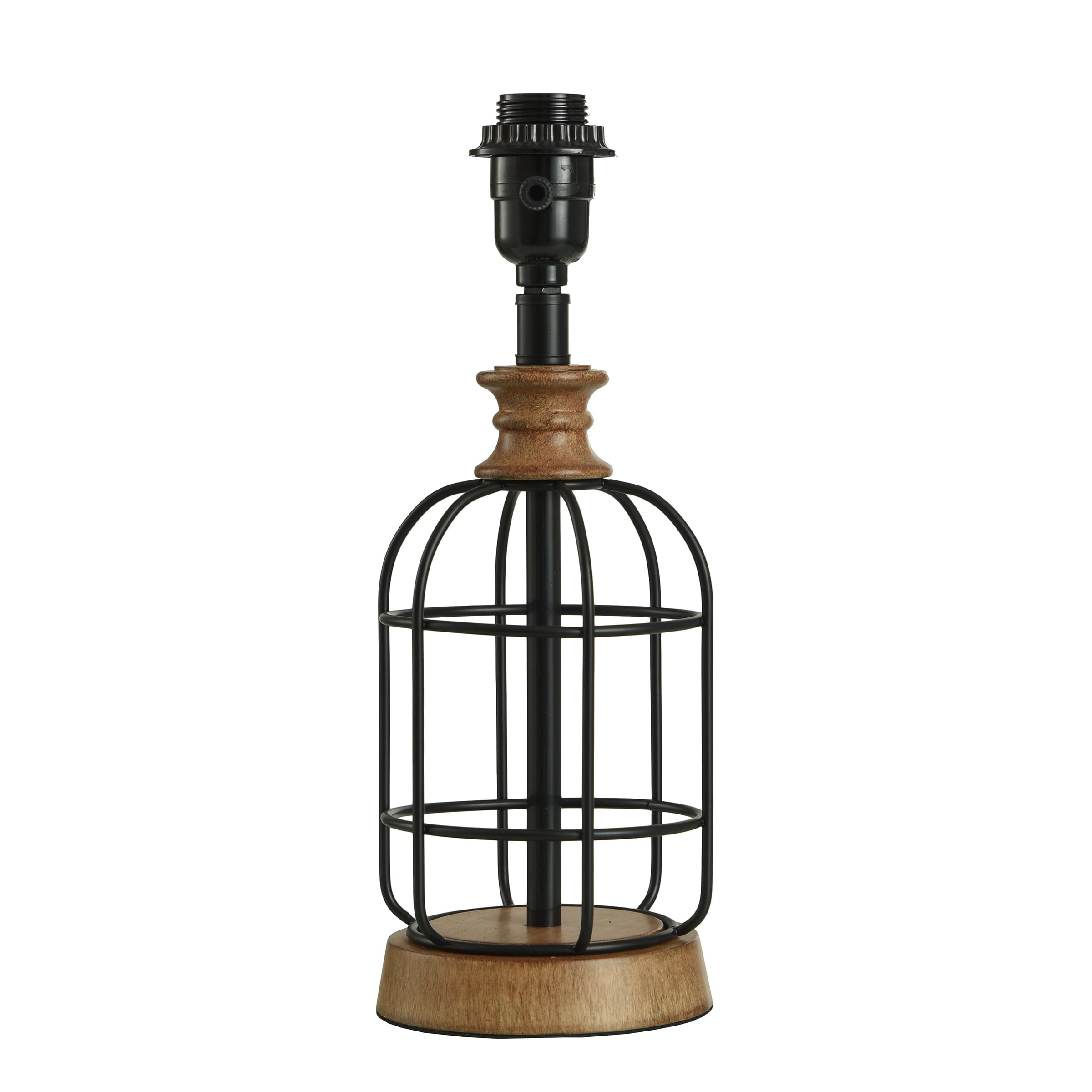 Mainstays Black Metal Cage Table Lamp with Wood Accents and Drum Shade, 17