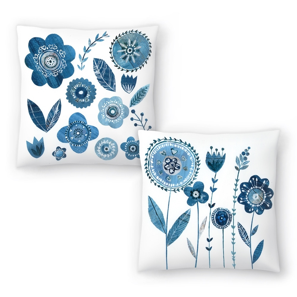 Blue Flowers With Stems and Blue Flowers   Leaves   Set of 2 Decorative Pillows