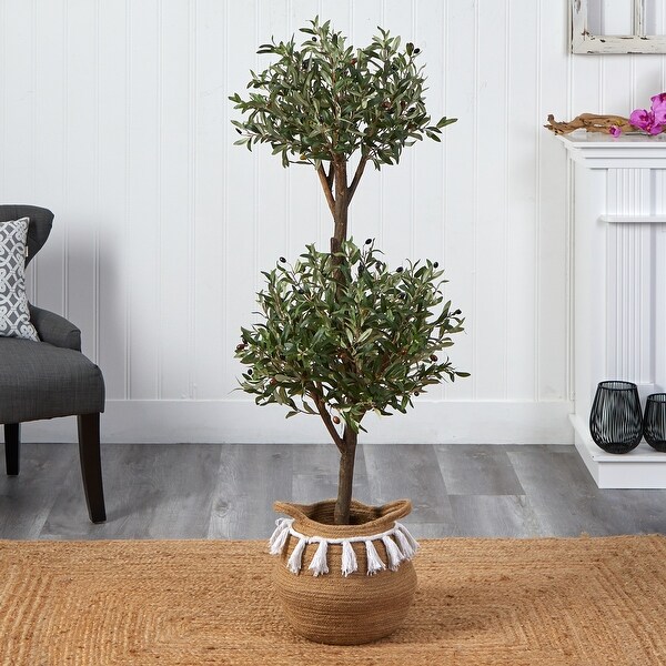 4.5' Artificial Olive Double Topiary 5' Artificial Bougainvillea Tree with Cotton Basket