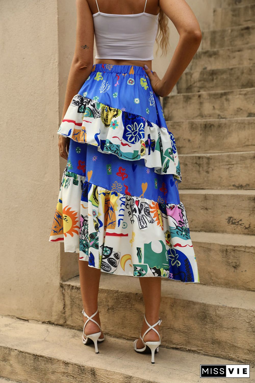 High Waist Printing Tiered Ruffle Skirt Dress