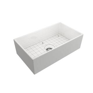 Glacier Bay White Fireclay 33 in. Single Bowl Farmhouse Apron-Front Kitchen Sink with Grid 2ACLB-52-001