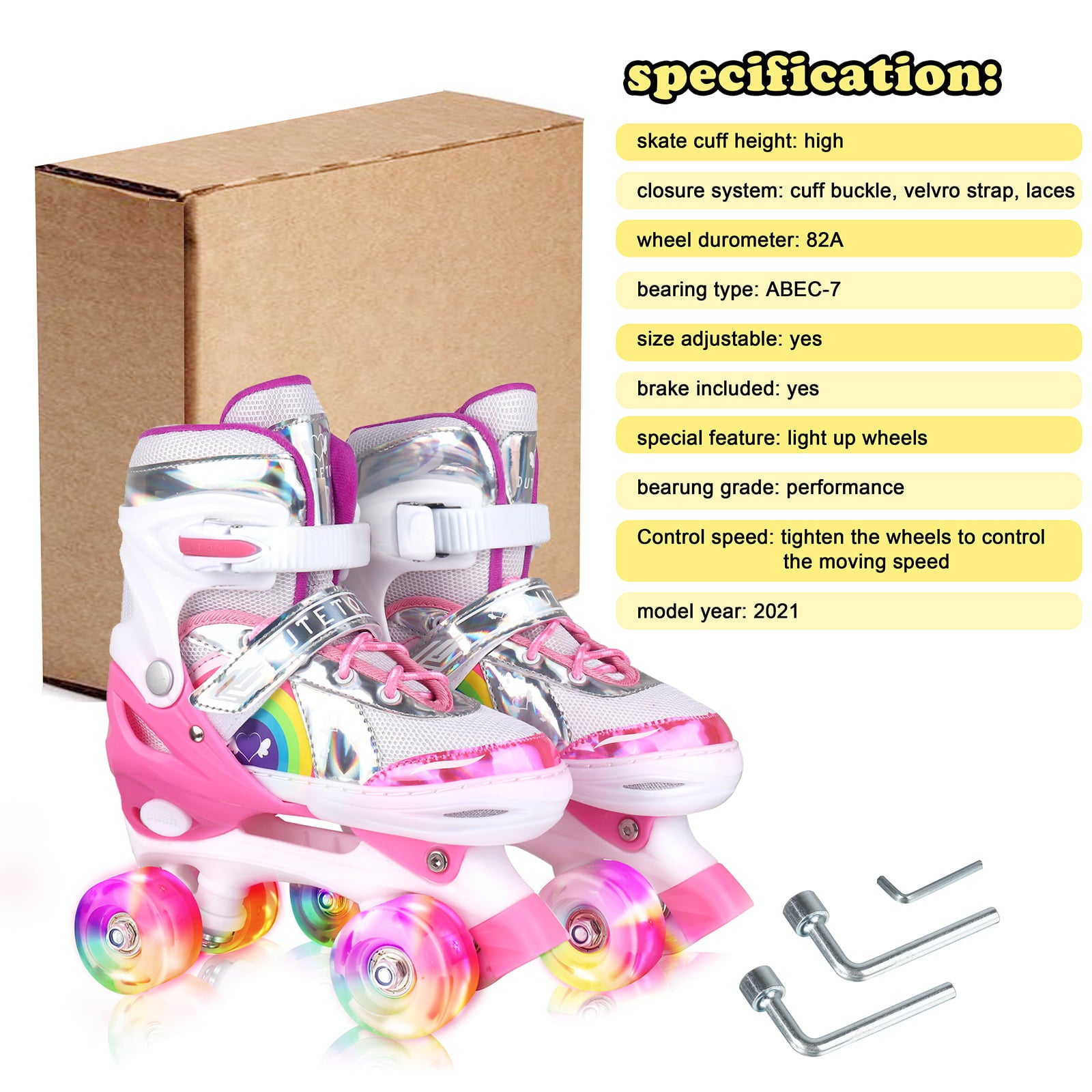 Roller Skates Adjustable Size with Light Up Flash LED 4 Wheels Fun Illuminating for Kids Children Boys Girls Multicolor， Size 10C-13C (Pink)