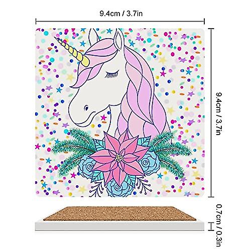 Colourlife Square Drink Coasters 1 Pcs Unicorn With Floral Wreath On Christmas Absorbent Ceramic Coffee Coasters For Drinks With Cork Base Housewarmin