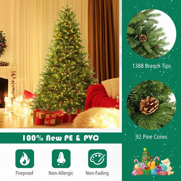 7 FT Artificial Christmas Tree with Pine Cones and Adjustable Brightness