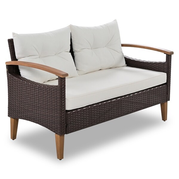 4-Piece PE Rattan Patio Sofa Set， Wood Table and Legs - Overstock - 37510667