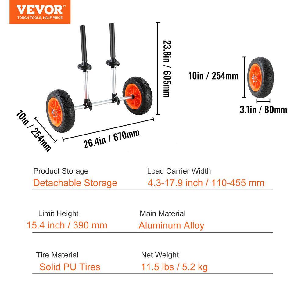 VEVOR Heavy Duty Kayak Cart 280 lbs. Detachable Canoe Trolley Cart with 10 in. Solid Tires and Adjustable Width C280LBS10INCHASOUV0