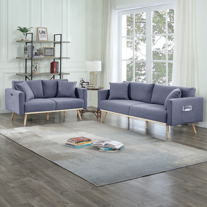 Easton Linen Sofa Loveseat Set With USB Charging Ports   Midcentury   Living Room Furniture Sets   by Lilola Home  Houzz