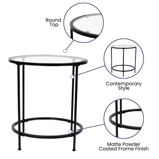 Flash Furniture Astoria Collection Round End Table Modern Clear Glass Accent Table With Matte Black Frame