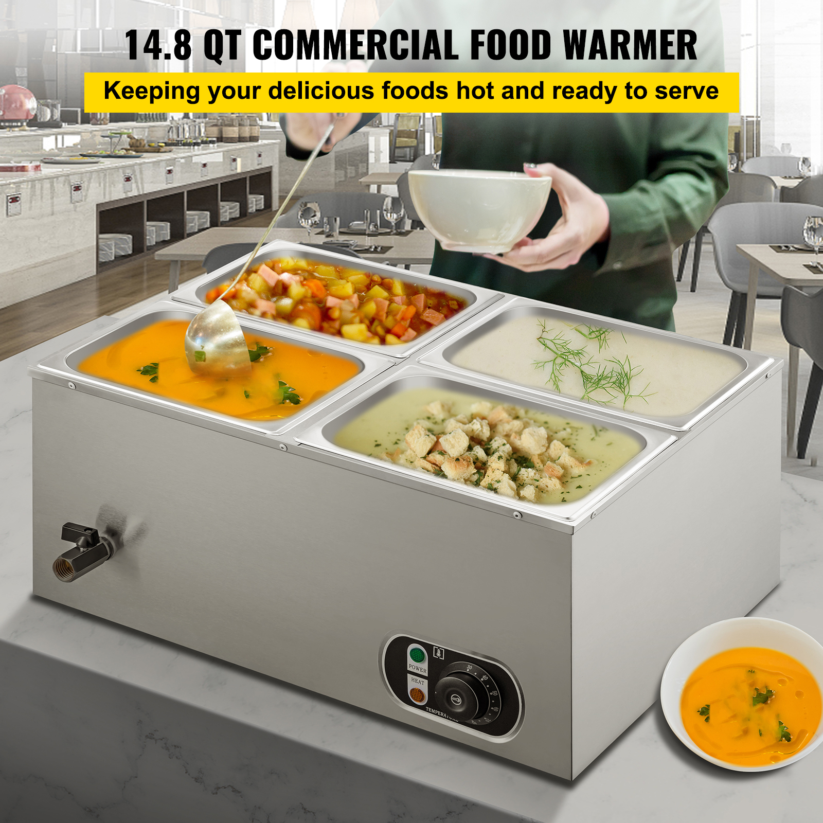 BENTISM 110V Commercial Food Warmer 4x1/4GN， 4-Pan Stainless Steel Bain Marie 24 Qt Capacity，1500W Steam Table 15cm/6inch Deep，Temp. Control 86-185℃， Electric Soup Warmer with Lids and 2 Ladles