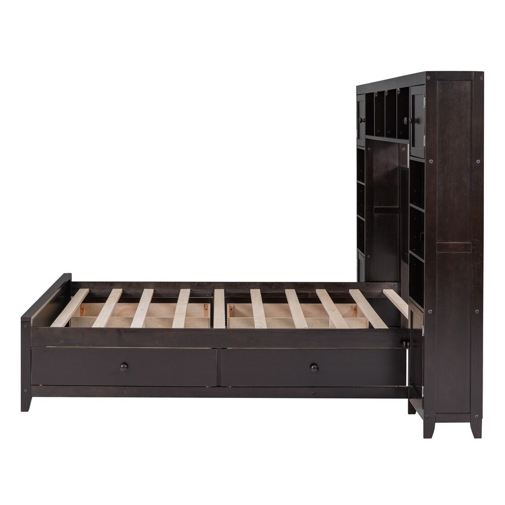 Full Wooden Bed With  in One Cabinet  Shelf   4 Drawers  Espresso